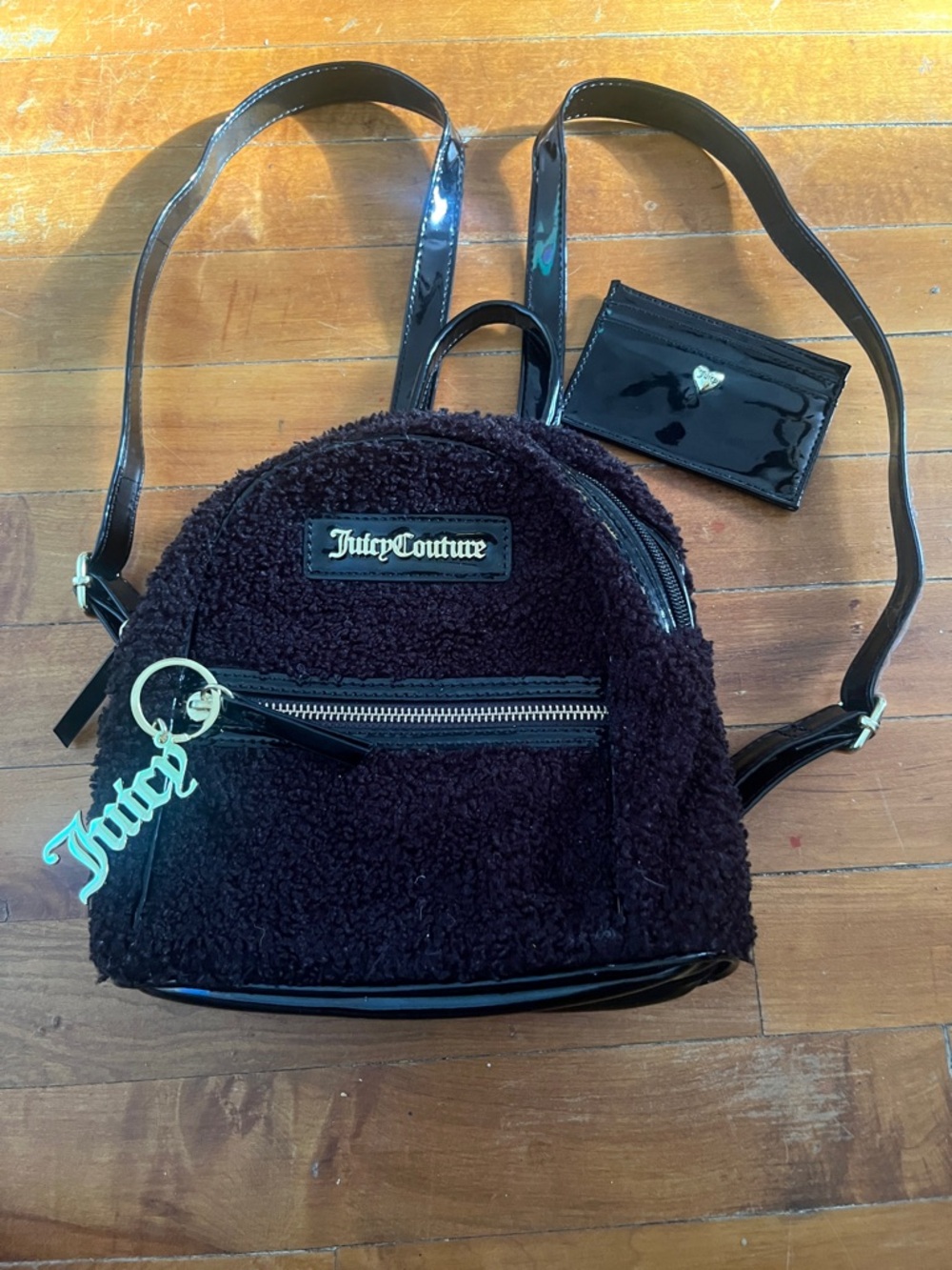 Juicy Couture Black Sherpa Mini Backpack with Patent Accents